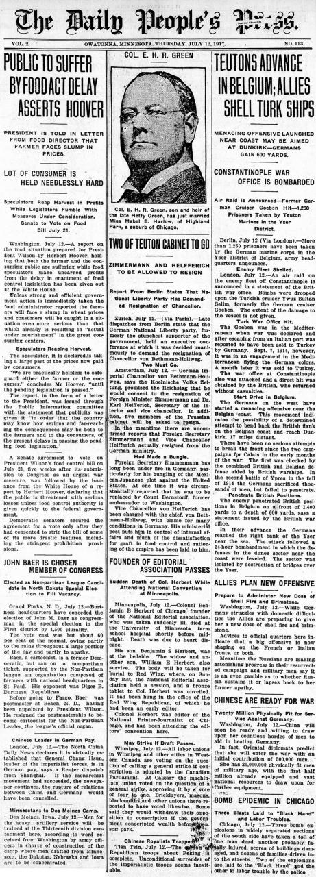 "Teutons Advance in Belgium; Allies Shell Turk Ships" and "Public to Suffer by Food Act Delay Asserts Hoover" - The Daily People's Press. July 12, 1917