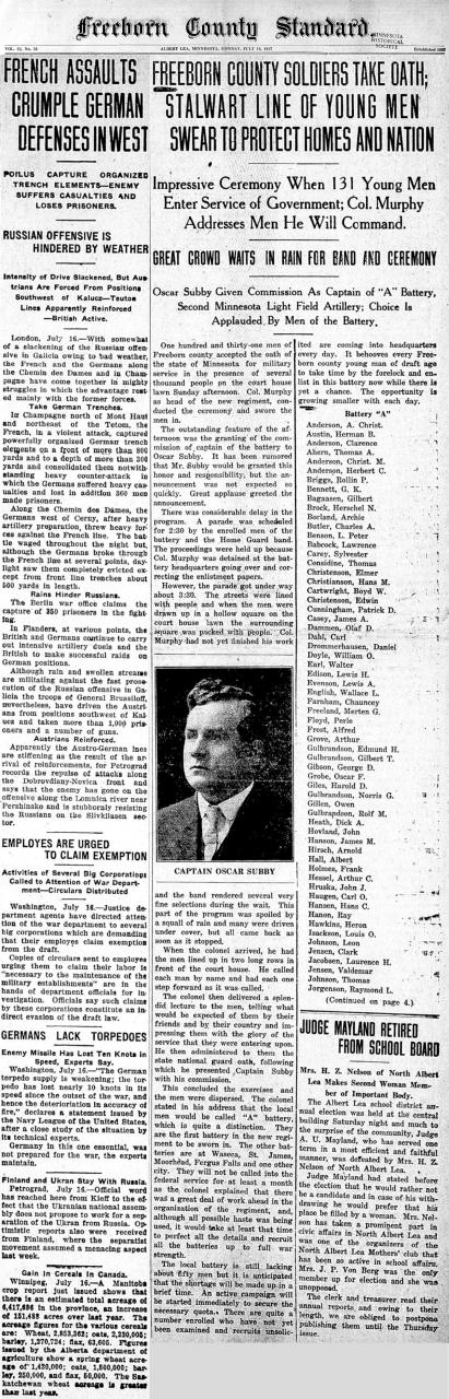 "Freeborn County Soldiers Take Oath" and "French Assaults Crumple German Defenses in West" - Freeborn County Standard. July 16, 1917.