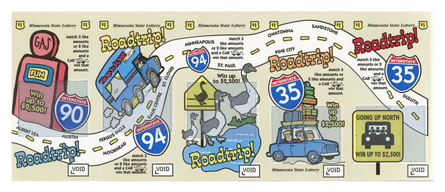 Cartoon of five images with five Roadtrip! words along a winding highway