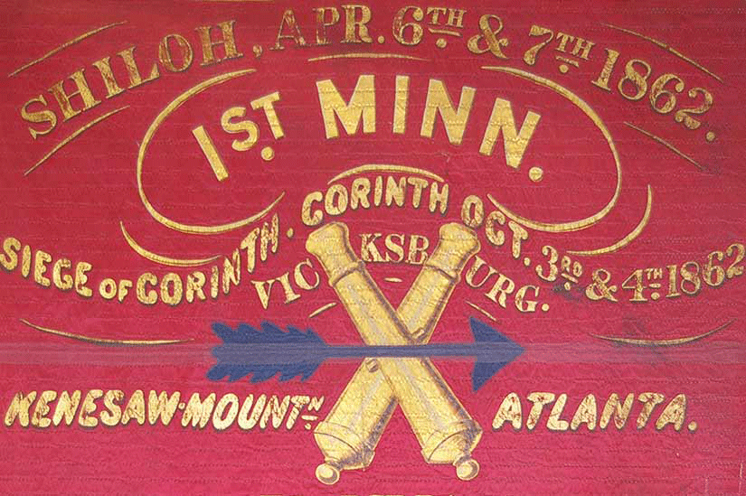 A closeup of the 1st Minnesota battle flag
