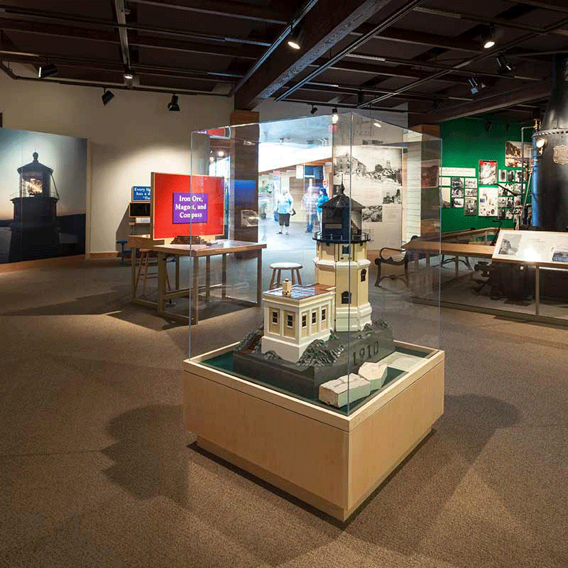 Exhibits and display cases featuring information on the lighthouse