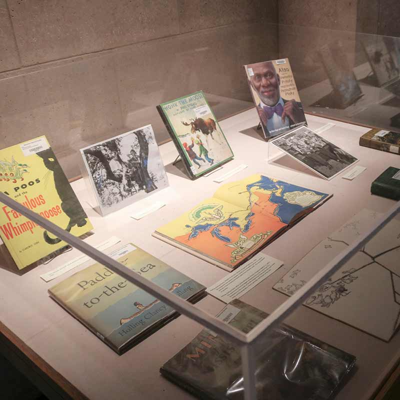 A display case with a collection of children's books.