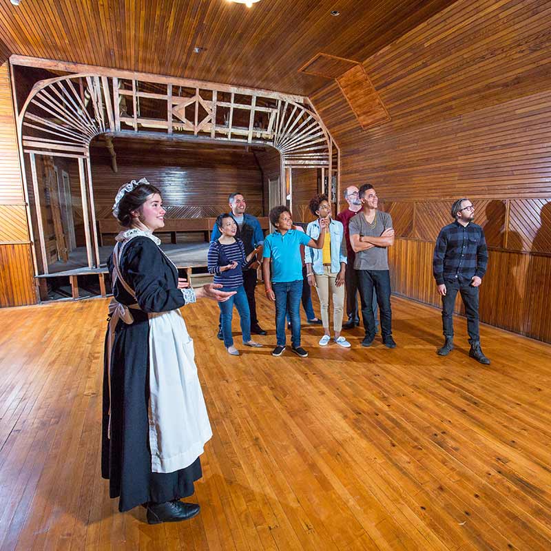 Tour guide dressed as maid leading group through large paneled room