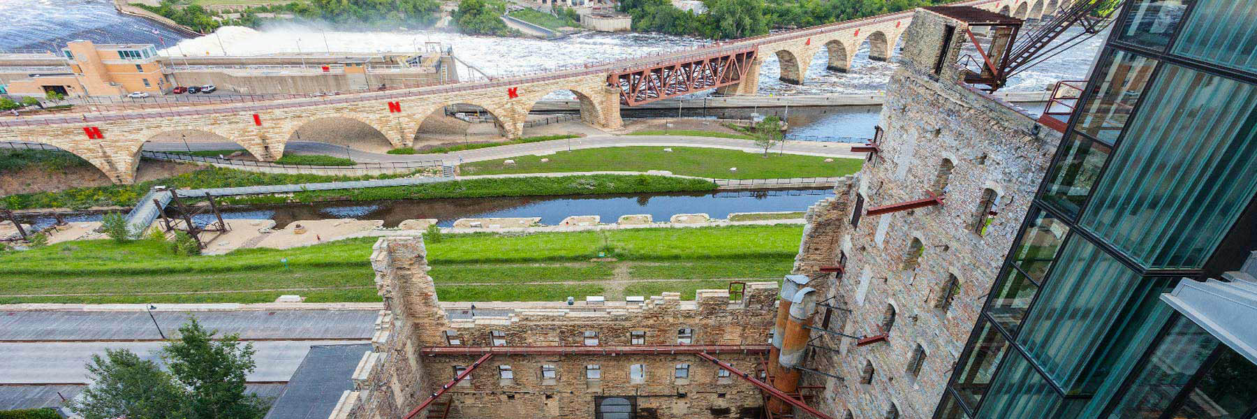 Looking out over the Mississippi riverfront and Stone Arch Bridge from the observation deck.