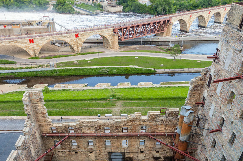 Looking out over the Mississippi riverfront and ruins from the observation deck.