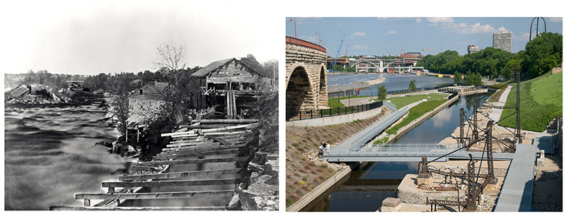 Photo illustration of Minneapolis Riverfront Then and Now
