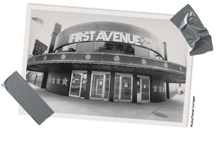 Exterior entrance of First Avenue, 7th Street Entry. Black and white photo by Daniel Corrigan.