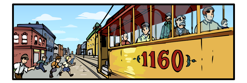 The boys are now running across Washington Avenue, crossing behind a streetcar that's in the foreground.