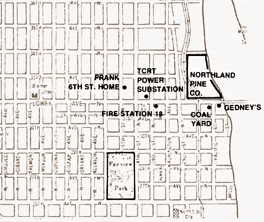 Map of northwest Minneapolis highlighting the location of the Frank home, Northland Pine Co., and Fire Station 18.