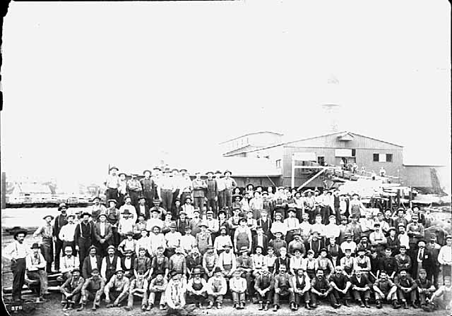 Photo of employees outside of the Backus-Brooks sawmill (which became the Northland Pine Co.), 1900.