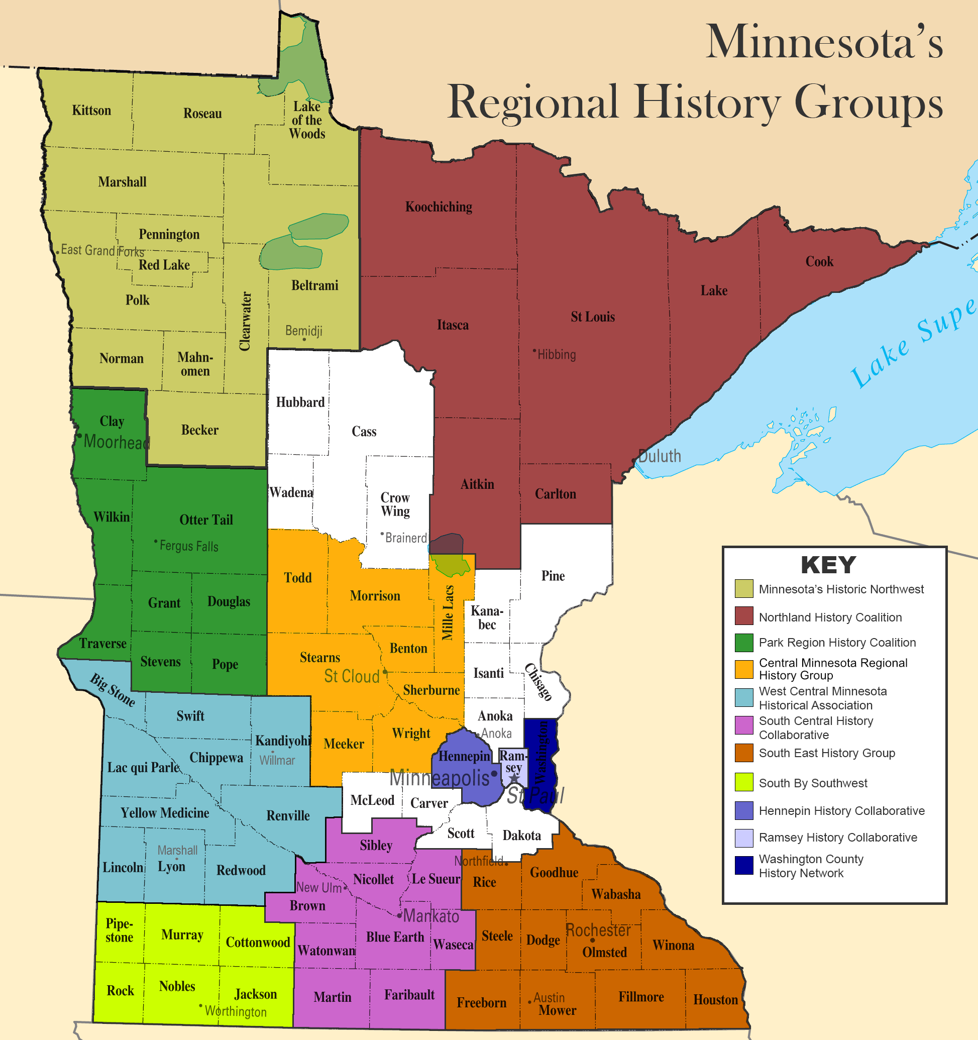 map of regional history groups in minnesota