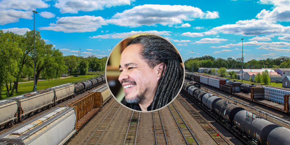 Image of trainyard photography by artist John Salgado Maldonado overlaid with an image of the artist.