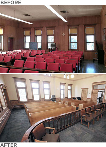 Photos: Before and after restoration pictures showing the Norman County Courthouse court room