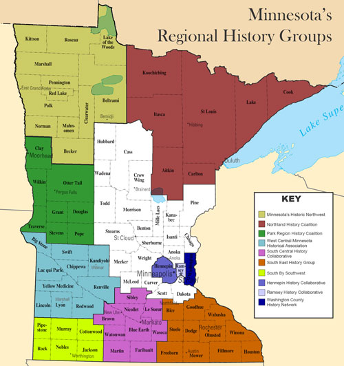 Map showing Minnesota's regional history groups' area of coverage.