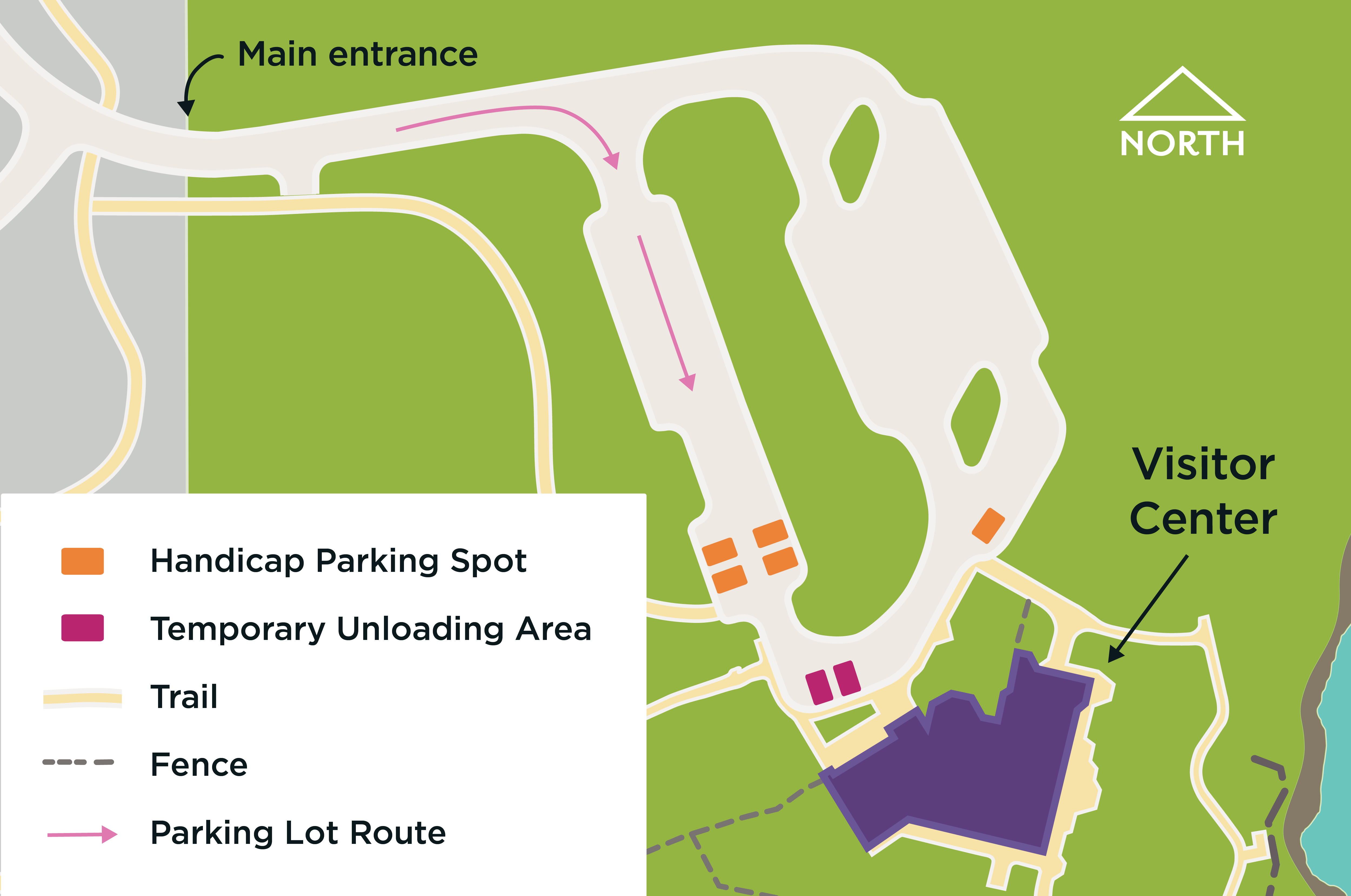 There are five disability parking spots available in the lot. The pathway from the parking lot to the visitor center is paved.