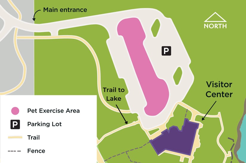 Pets on a leash (no longer than six feet) are permitted in the parking lot, outside of the Visitor Center, the pet exercise area, and the trail to the Lake.