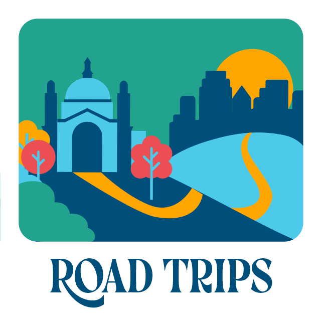 Road Trips. St. Paul Cathedral outline alongside a city outline.