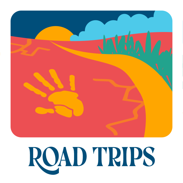 Road trips. Handprint in the soil in front of a sunset.
