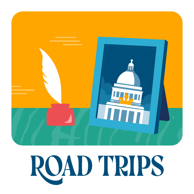 Road trips. A quill in ink sits next to a photo of a capitol building.