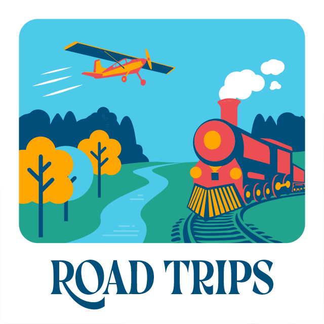 Road trips. A train sits on a track while an airplane flies above.