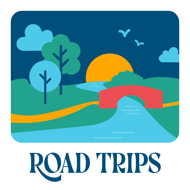 Road trips. A river runs under a bridge.