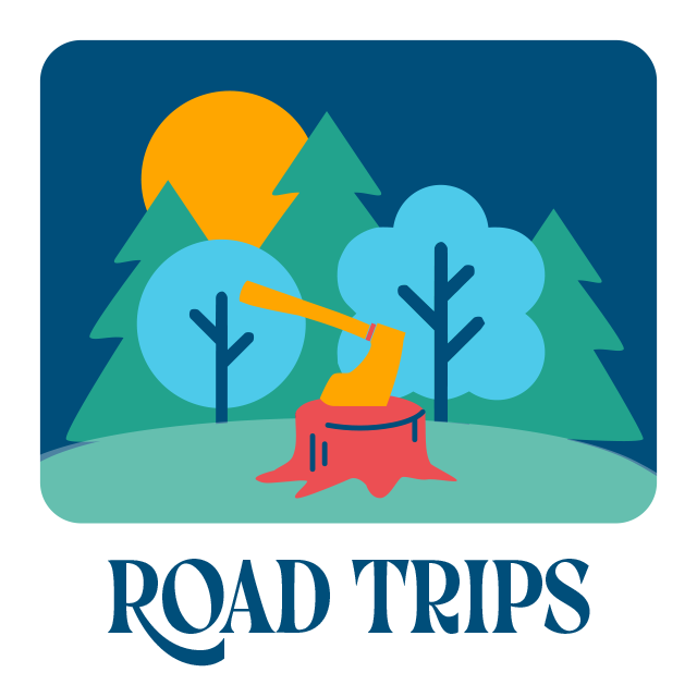 Road trips. An axe sits in a tree stump.