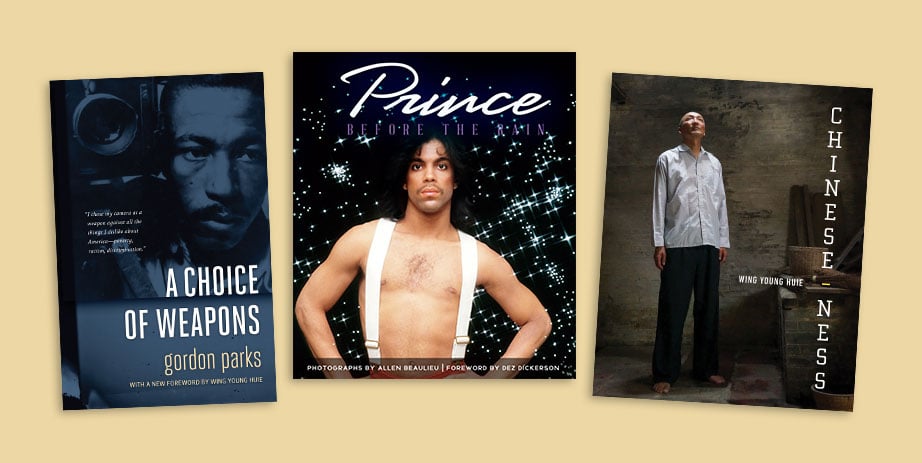 Three related book covers displayed side-by-side on a tan background: Gordon Parks' "A Choice of Weapons" showing a blue-tinted portrait, "Prince: Before the Rain" featuring Prince in white suspenders, and Wing Young Huie's "Chinese-ness" showing an older man looking upwards.
