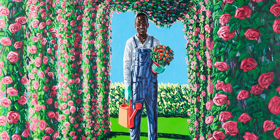 Graphic for related events featuring a vibrant painting of a smiling Black man in overalls and gardening gloves. He holds a watering can and a potted plant while standing beneath a lush archway of bright pink roses against a blue sky.
