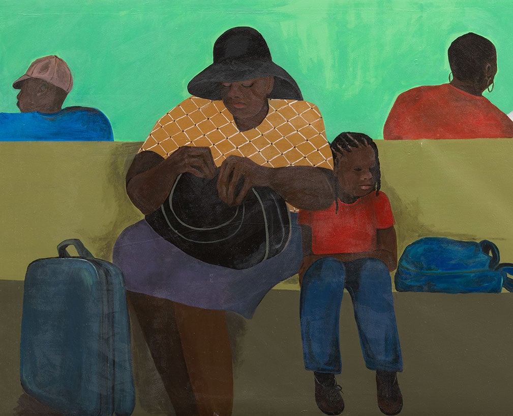 Painting from the See &amp; Be Seen exhibit featuring a Black woman and young girl sitting on a waiting room bench with their luggage, while other figures sit behind them against a bright green wall.