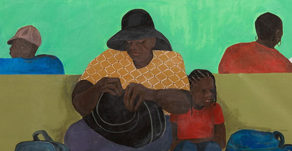 A painting of a Black woman and young girl sitting on a waiting room bench with their luggage, while other figures sit behind them against a bright green wall.