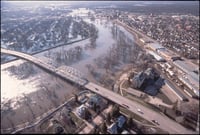 Aerial view of Grand Forks, East Grand Forks, and the flooded Red River.