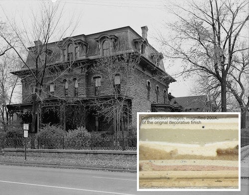 Interior of the Ramsey House with inset of magnified decorative finish cross-section