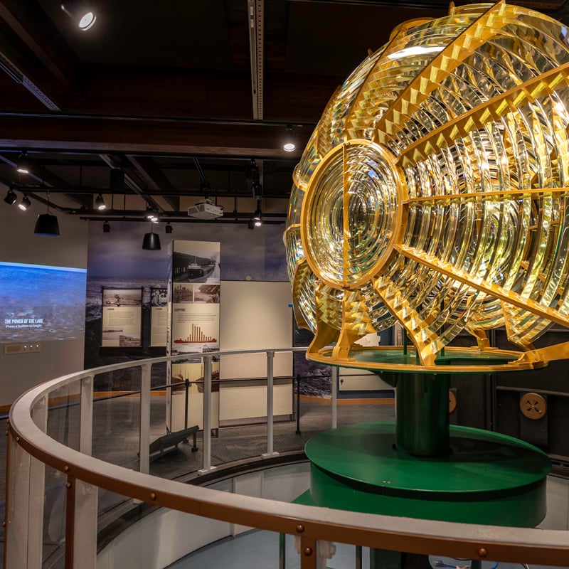 Exhibits in the Visitor Center showcasing Split Rock Lighthouse lens.