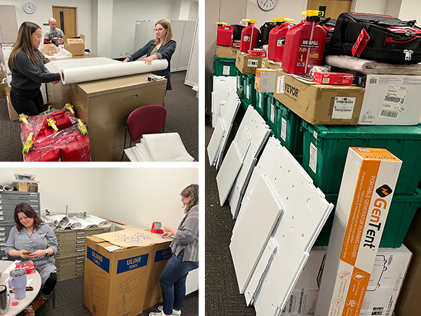 Composit image of three photos showing voluteers working on Emergency Cache Organization