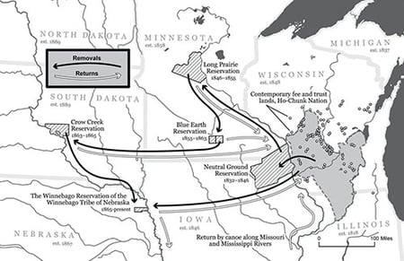 Map showing removals of Ho-Chunk people from 1832 to present