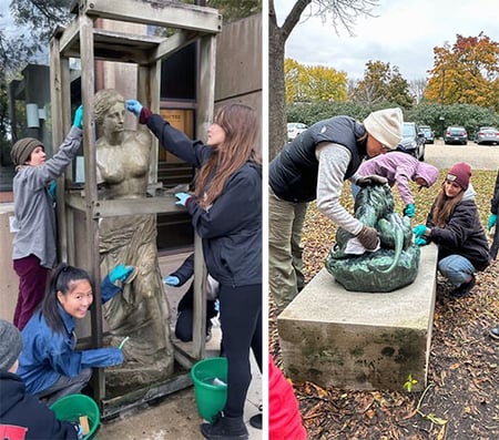 two photos of Students working on outdoor sculptures