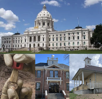 Composite photo of State_Capitol with archaeological dig, city hall, and schoolhouse