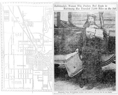Old newspaper photo of a young Elisabeth Titus-Title of the photo says,  Robbinsdale Woman Who Prefers Mail Route to Matrimony Has Traveled 75,000 Miles on the Job