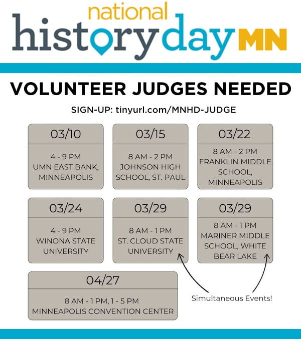 Judges Needed for National History Day in Minnesota. List of dates and locations. This also available in the linked PDF