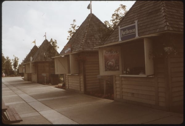 A row of wooden Outdoor food kiosks at Iron World U.S.A.