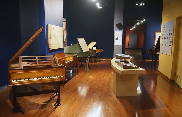 Interior of the Schubert Club Music Museum showing exhibits of pianos