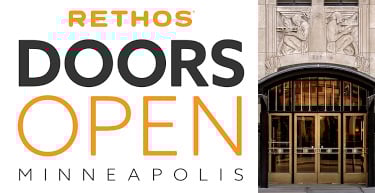 Open Doors Minneapolis- image of art deco doorway on right of text treadment