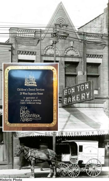 Historic photo of Bonton Bakery Building with inset of award
