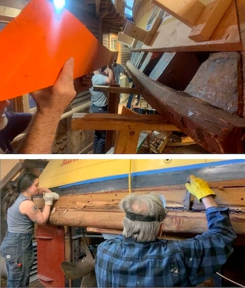 _Two photo showing the repair of the Steamboat streetcar Minnehaha