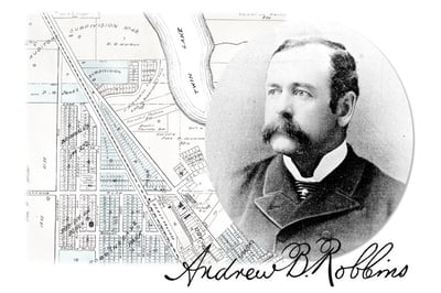 Composite image of Andrew B. Robbins over a map of Robbinsdale
