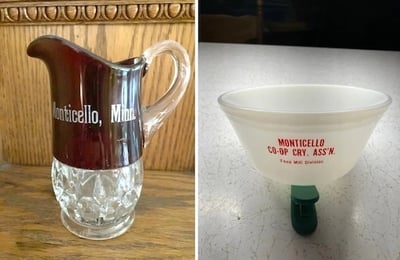 Crystal pitcher and bowl advertising Monticello businesses