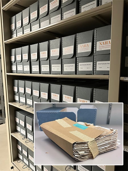 Photo of shelving with archival boxes lined up on the shelves. Photo inset is a unbox over stuffed folder