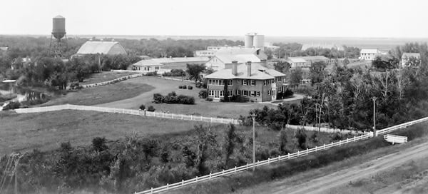 Black and while photo of an aerial view of Hill Farm