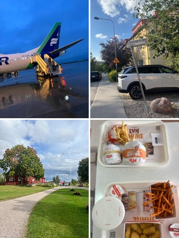 Composite of four photos should airplane, residental street scene, Himmelberga Hembakt, and Swedish fast food