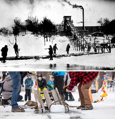 Composite of two photos-Commerical Ice Harvesting in 1900s and modern recreational event ice harvesting